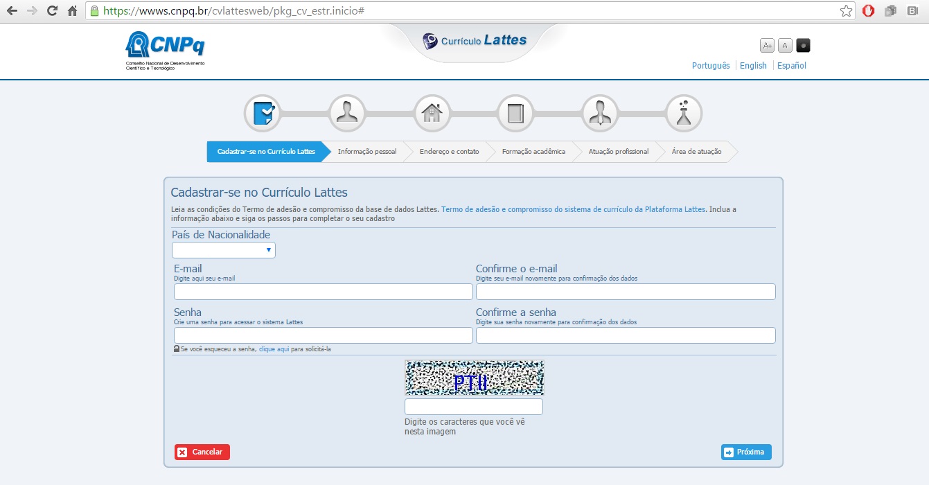 preencha dados cadastrais na plataforma lattes