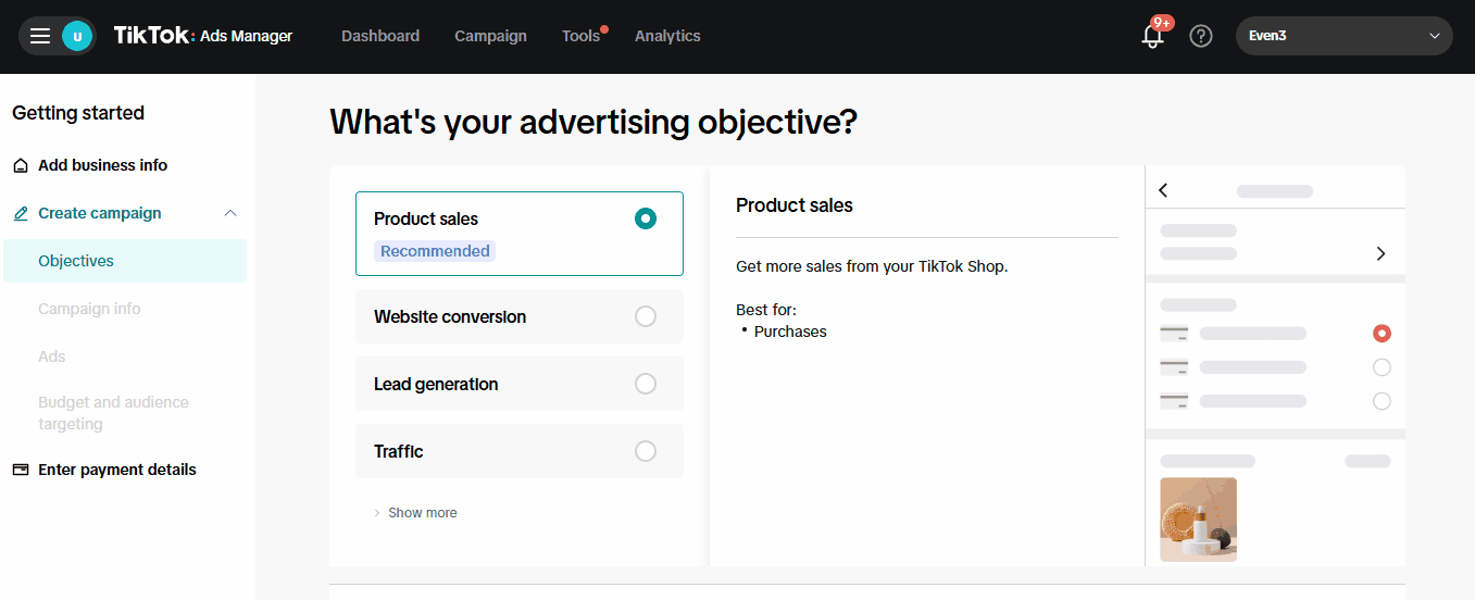 Tik Tok Ads: escolha o objetivo da campanha