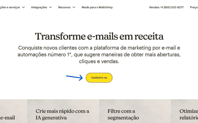 1) Crie uma conta gratuita clicando em Cadastre-se