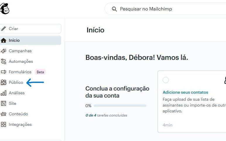1) Na tela inicial do MailChimp, clique em "Público"