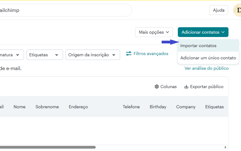 2) Em público, clique para Adicionar Contatos e escolha a opção de "Importar contatos"