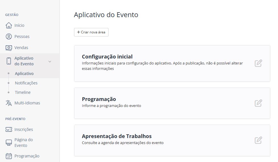 Tela de configuração de app para eventos na Even3