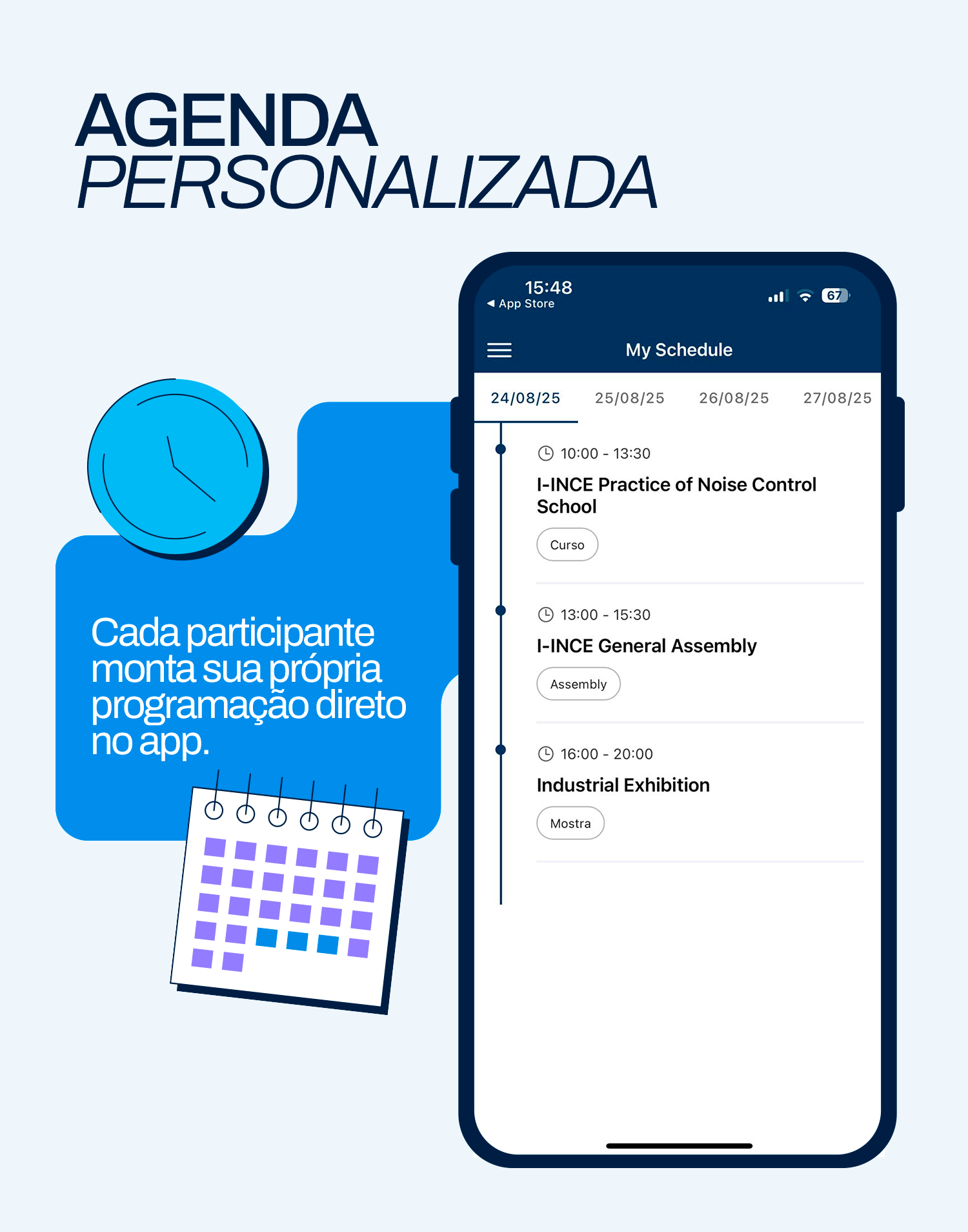 Demonstração de tela de agenda personalizada no app para eventos da Even3