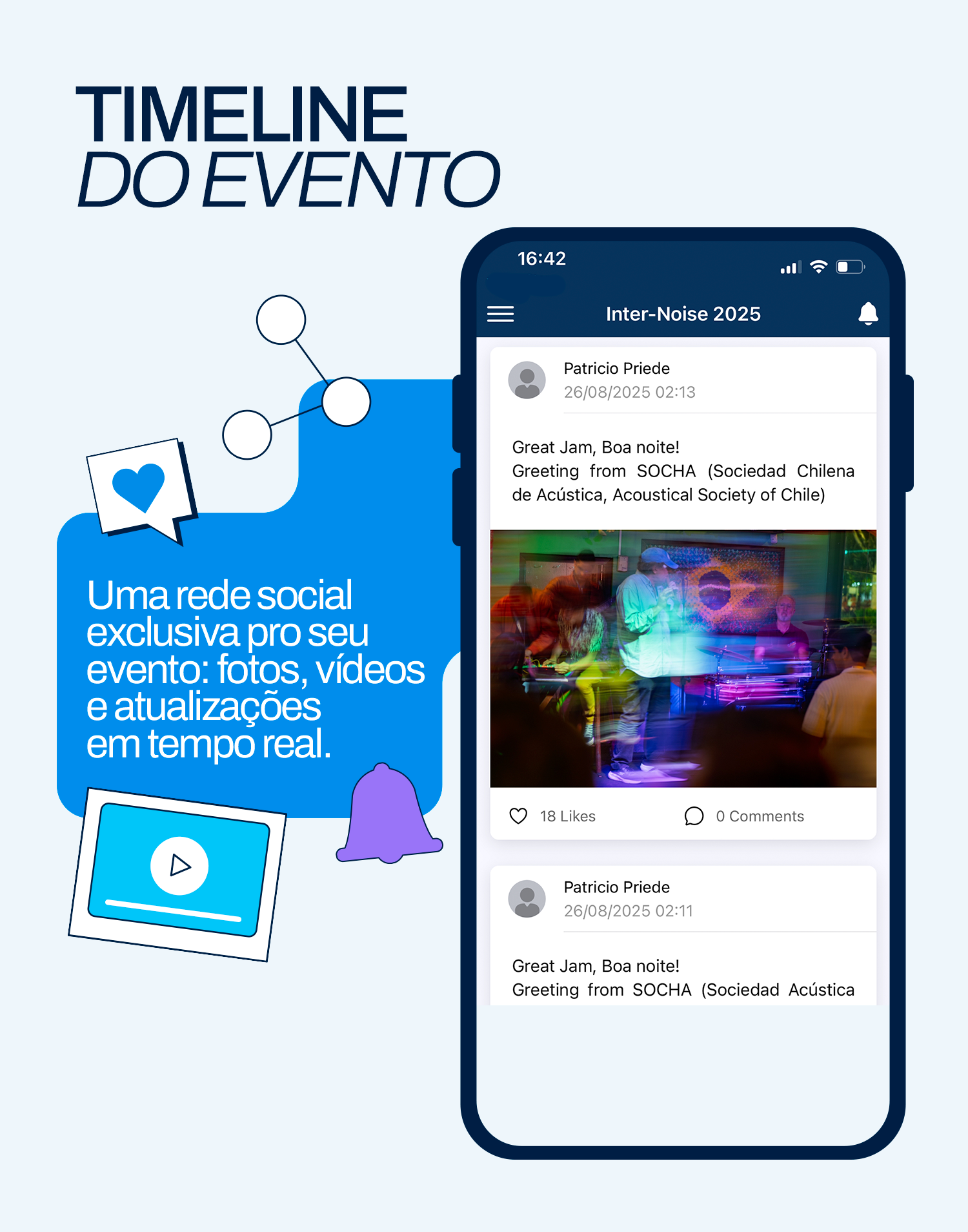 Demonstração timeline do evento no app para eventos da Even3