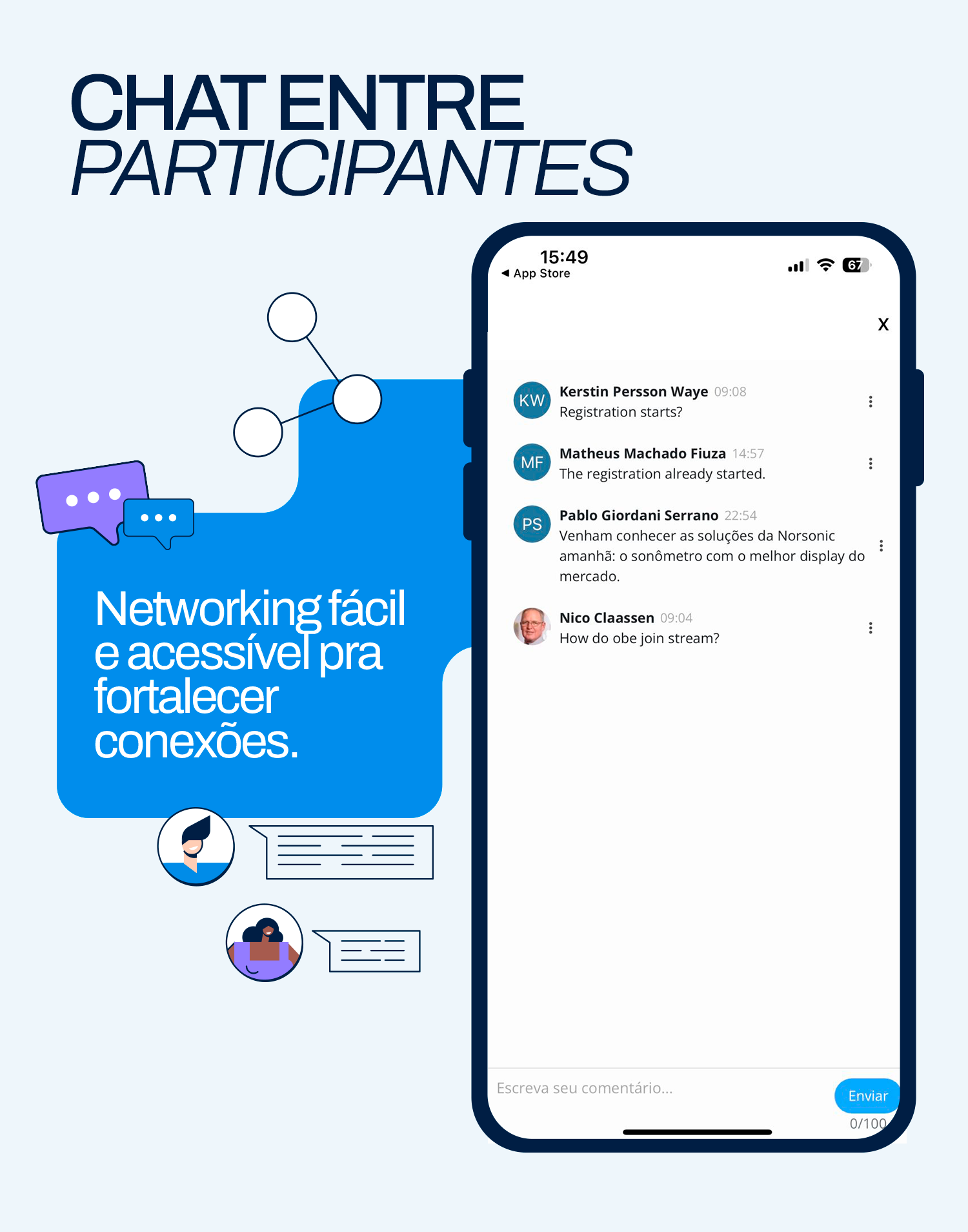 Demonstração do chat para participantes no app de eventos da Even3