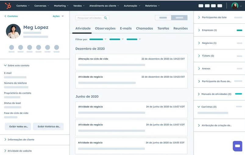 Página do lead no HubSpot