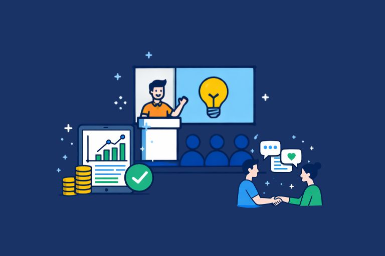 Elementos de um evento como palestras e networking