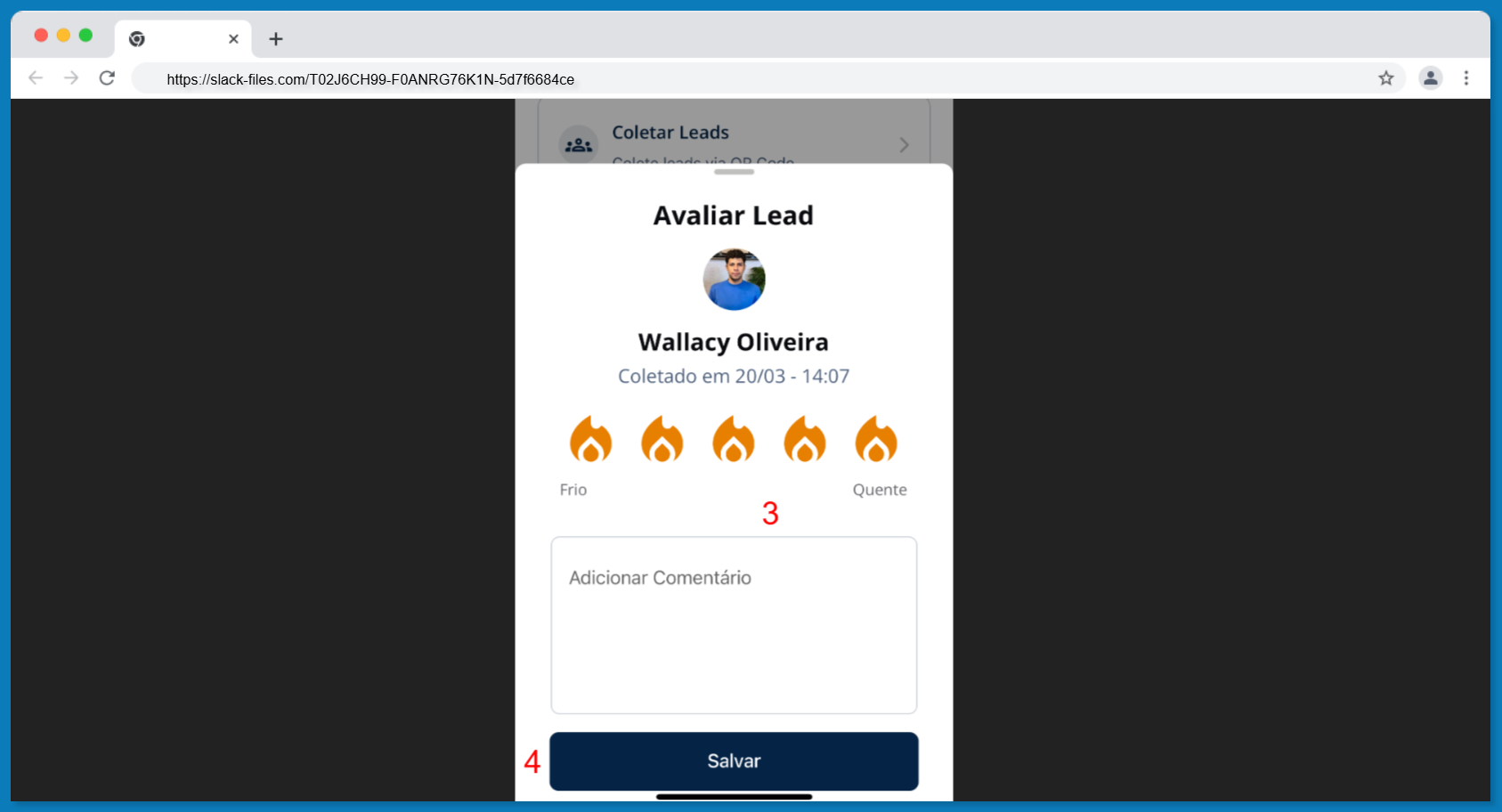 Tela de coletor de lead da Even3