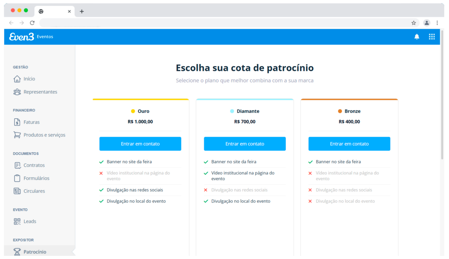 Área do Patrocinador na Even3